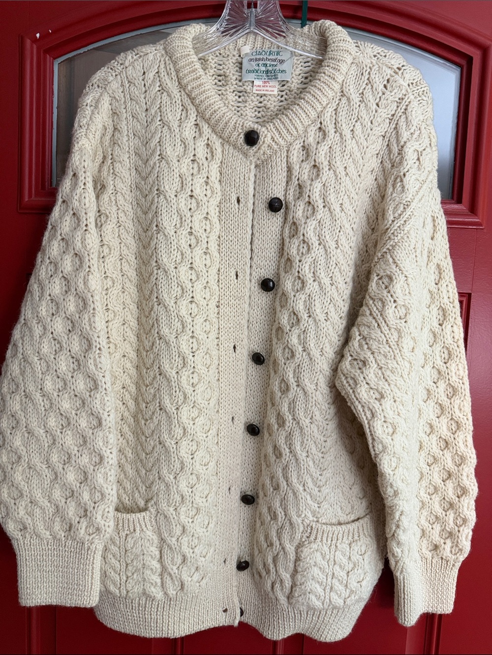 Vintage Cladyknit Aran Fisherman Knit Cardigan. 100% New Wool. Made in Ireland